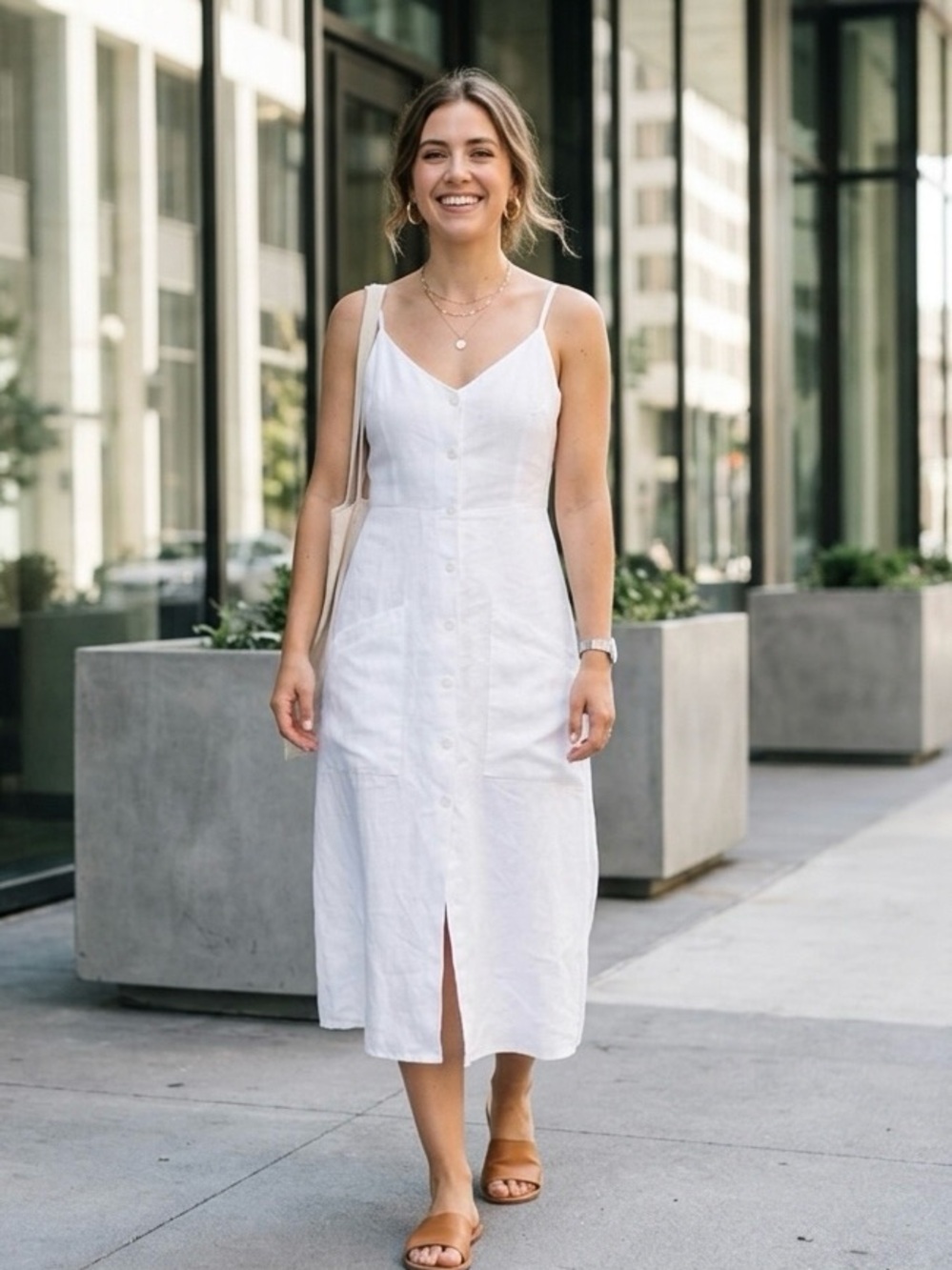 Reformation White Linen Button-Front Midi Dress